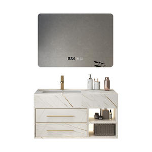 Meuble de salle de bain moderne avec plan de travail en dalle, miroir intelligent blanc et armoire rectangulaire éclairée - Product Image 5