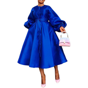 Vestidos de Mujer con Botones, Cintura Ajustable, Manga Farol, Color Sólido Brillante, Estilo Swing - Product Image 3