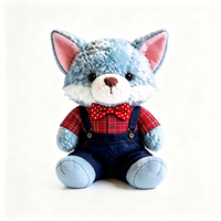 Peluche renard bleu preppy avec chemise à carreaux rouges, peluche renard douce avec nœud papillon pour offrir en cadeau, jouet en peluche renard kawaii
