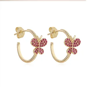 Aretes Pequeños de Plata de Ley con Dijes de Circonita Arcoíris Coloridos en Oro de 14k para Niña, Regalo para Recién <span class=keywords><strong>Nacido</strong></span> con Diseño de Mariposa - Product Image 1