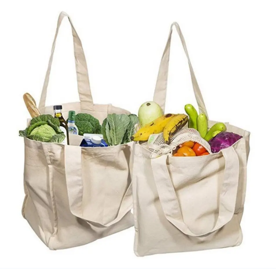 Wholesale Blank Plain Reusable Supermarket Groceries More Inner Pouch Extra Large Capacity Cotton Canvas Shopping Tote Bag