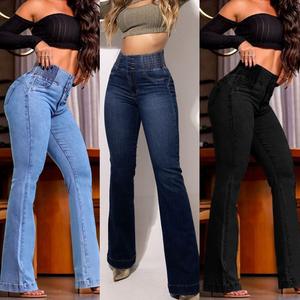 Jean en denim pour femme, taille haute élastique, extensible, coupe slim, micro-évasée, effet push-up fessier, tendance - Product Image 2