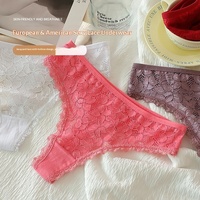 Celana Dalam Wanita Seksi Gaya Eropa-Amerika, Bahan Katun, Bagian Crotch Bernapas, Model Thong, Bahan Nilon Berenda