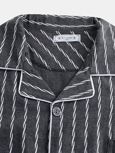 Wholesale Polyester/Cotton Blend Mens Dark Gray Striped <b>Thermal</b> Pajamas Set Comfortable Button Long Sleeve Loungewear Plus Size - Product Image 3