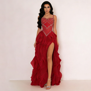 Robes pour femmes, <span class=keywords><strong>rouge</strong></span>, bretelles spaghetti, col cœur, motif diamant en strass, fente haute, volants superposés, en mousseline de soie, robes de soirée - Product Image 1