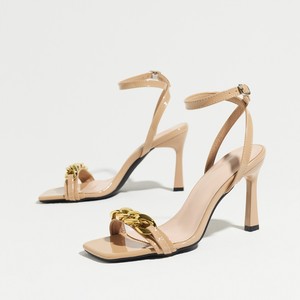 Women Square Open Toe Heel <b>Sandals</b> Shiny Nude Patent Leather Front Metal Chain Detail Adjustable High Heel <b>Evening</b> <b>Sandals</b> - Product Image 1