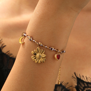 Fashion Charm Bracelet Zinc Alloy Gold Plated Flower Star Moon Bezel Setting Bohemian Style DIY Knotted Rope Jewelry Gift - Product Image 2