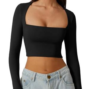 T-shirt à manches longues pour <span class=keywords><strong>femme</strong></span>, style sexy, col carré décolleté, <span class=keywords><strong>crop</strong></span> <span class=keywords><strong>top</strong></span> uni pour le printemps et les soirées en boîte de nuit - Product Image 1