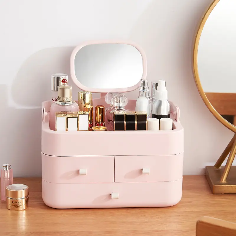 Plastic Desktop Make Up Organizer For Storage Hanging Jewelry Box With Drawer Women Cosmetic Organizer With Mirror