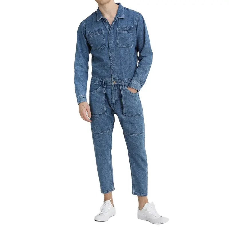 Wholesale Custom Men One-Piece Dress Long Sleeve Zip Up Tapered Denim Jumpsuit Playsuit Overalls