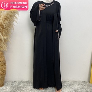 2006+6595# Ramadan 2 Pieces Abaya <b>Set</b> Diamond Cuff Abaya and Sleeveless Inner Dress With Belt Match One Silver Diamond Chain - Product Image 1