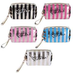 Bolsa de Cosméticos Portátil Impermeable de PU con Rayas Impresas Personalizadas al por Mayor, con Asa Suave y Cremallera - Product Image 1