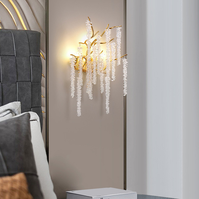 Modern Bedside Crystal Wall Lamp Aluminum Branch Bedroom Luxury Wall Light Living Room Corridor Staircase Background Wall Lamp