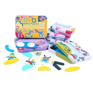 Kutu eğitici oyuncak bulmacalar çocuklar Set yüksek kaliteli renkli demir şekiller Montessori ahşap geometrik