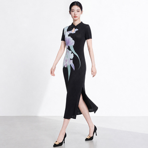 Women's Casual Chinese Style Black Floral Print Embroidery Ruched Midi <b>Dress</b> Sleeveless Stand Collar Eco-Friendly Washable - Product Image 4