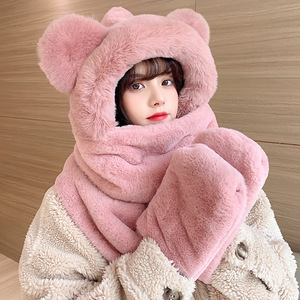 Conjunto de tres piezas de felpa para invierno: bufanda, gorro y guantes de piel de conejo Rex para mujer adulta, elegante para el día a día. - Product Image 4