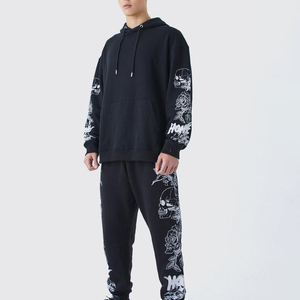 Men's Black Hooded Sweatshirt Set With Front Print Pocket Regular Fit Casual Autumn Wear - Product Image 1