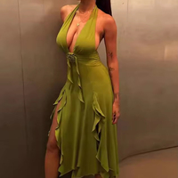 Robe maxi verte d'été RTS pour femmes, décontractée, sexy, dos nu, détail plissé, col en V, bretelles halter, empire, plage, vacances