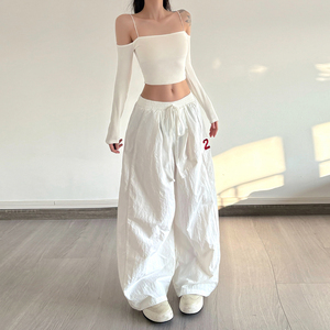 Women's Number Print Drawstring Waist Wide Leg <b>Pants</b>, Oversized Baggy Casual Street Trousers - Product Image 6