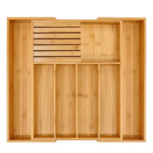 Bandeja de talheres de bambu para utensílios de cozinha, porta-gavetas expansível para talheres e talheres com suporte para faca
