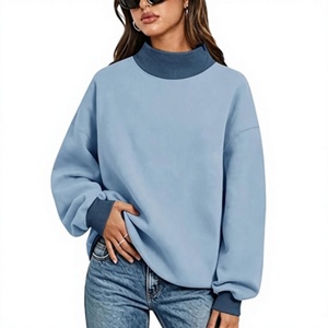 Sweat-shirt oversize en molleton bleu clair pour femme, col montant contrastant, épaules tombantes, manches longues, coupe ample - Product Image 1