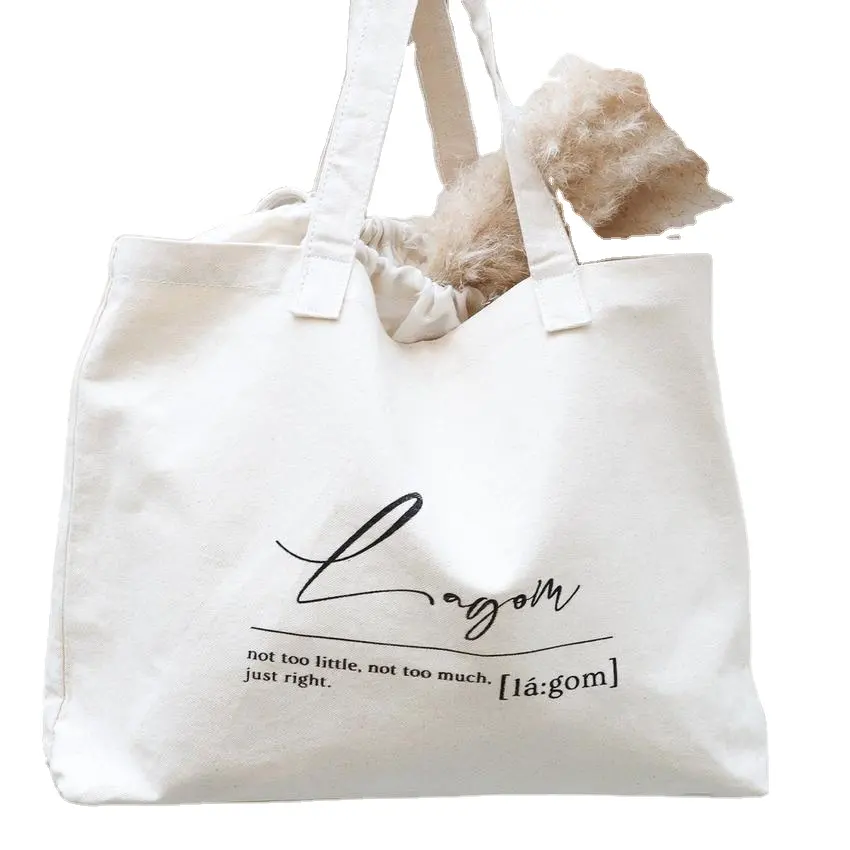 Bolsa antipolvo con cordón de tela de lona de algodón orgánico reciclado Beige de gran tamaño con mango de algodón impreso con logotipo