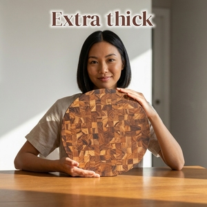<span class=keywords><strong>Planche</strong></span> à découper ronde en bois de teck à grain traversant avec poignée intégrée, bloc de découpe en bois robuste pour la préparation des repas en cuisine - Product Image 3