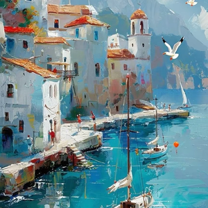 Dipinto a Olio Impressionista Fatto a Mano su Tela, Bella Ragazza con Gonna Lunga che Guida una Bicicletta sulla Spiaggia, per Arredamento Soggiorno - Product Image 3