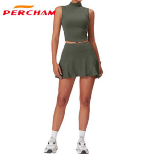 Abito da Tennis sportivo Slim Fit da donna canotta Crop Top e gonna da Tennis Set da allenamento elasticizzato senza maniche - Product Image 3