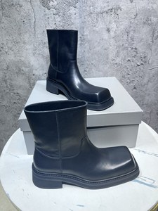 Men's Chelsea Ankle Boots in Black Retro Square <b>Toe</b> Short Leather Footwear with Chunky Heel Cow Leather Upper - Product Image 2