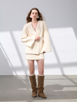Ensemble de costume d'hiver 2 pièces pour femme en cachemire pur à 100 %, vintage, écologique, cardigan à col en V et double boutonnage, mini-jupe, chaud et doux
