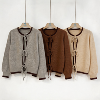 Cardigan en maille de haute qualité pour femme, à nouer devant, col rond, bordure contrastante, manches bouffantes, mélange de laine, veste ouverte, couleur avoine