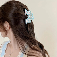 Jepit Rambut Gingham Pastel Kawaii, Jepit Rambut Akrilik Bentuk Hiu Manis untuk Aksesoris Rambut Wanita