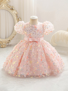 Vestido Elegante para Bebé Niña, Vestido de Tul Azul con Bordado Floral, Mangas Abullonadas y Lazo de Satén, Perfecto para Ocasiones Especiales - Product Image 5