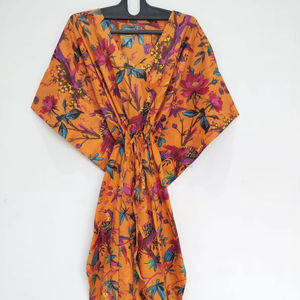 Indian Handmade Cotton Boho <b>Kaftan</b> Bird Print Quick Dry <b>Beach</b> Cover up Comfortable Regular Fit Summer Dress for Women - Product Image 4