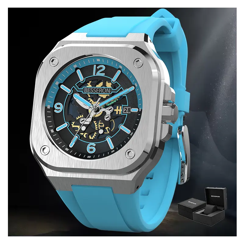 Logotipo personalizado Acero inoxidable Automático 8215 Movimiento Rubberrubber Reloj de pulsera mecánico Esqueleto de alta calidad Relojes de lujo para hombres