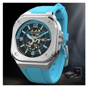 Logotipo personalizado Acero inoxidable Automático 8215 Movimiento Rubberrubber Reloj de pulsera mecánico Esqueleto de alta calidad Relojes de lujo para hombres