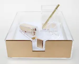 Deluxe Moderne Acryl Kantoorbenodigdheden Gouden Nietmachine Brief Lade Pen Holder Stationaire Set Voor Groothandel