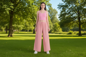 Pantalon large pour femme, taille haute, longueur intégrale, en tricot de coton et élasthanne, décontracté, coupe ample, plissé, couleur unie, pour l'été - Product Image 2