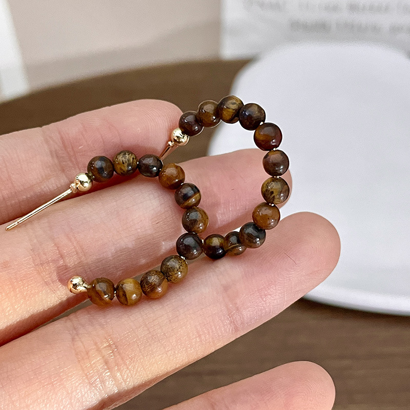 I rond oeil de tigre perles en forme de c (s925 aiguille en argent)