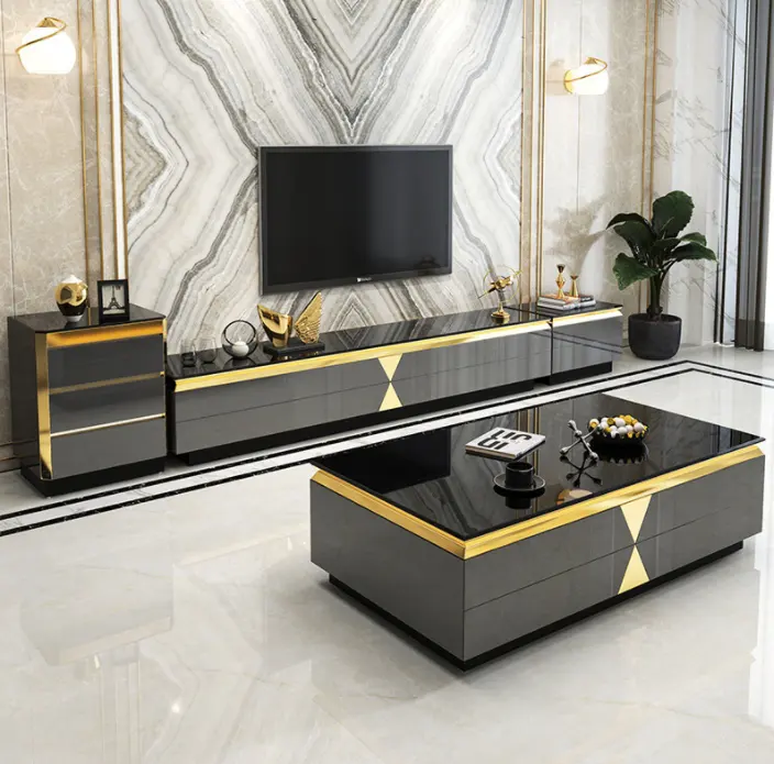 Luxury Modern Living Room Furniture Tempered Glass Top TV Stand And Coffee Table Set For Home Hotel