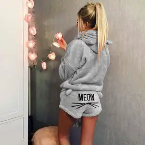 Setelan Pakaian Tidur Wanita, Piyama Hewan Pakaian Rumah Musim Gugur Musim Dingin Dua Potong, Pakaian Tidur Hangat, Celana Pendek Hoodie Kucing Lucu, Set 50%