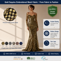 Tela bordada de malla 245gsm para vestido de novia, bonito diseño de lujo dorado, 100% poliéster