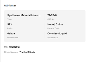 Citrato de Trietilo (TEC) al por Mayor, CAS 77-93-0, 99% de Pureza, Disolvente Suave, Fijador de Fragancia para Cosméticos y Perfumes - Product Image 6
