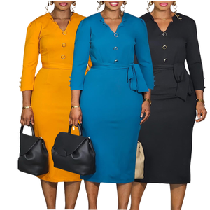 Vestidos Midi Otoñales para Mujer D596, Casuales, Elegantes, de Manga Larga, Cuello en V, Transpirables, Ecológicos, para Fiesta, de Chifón Natural Plisado - Product Image 1