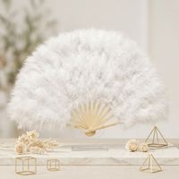 Éventail Pliant en Plumes d'Autruche Blanches de 33 cm, Style Art Populaire, Décoration Florale en Bambou, Idéal pour la Danse et les Mariages - Grande Vente