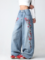 Jeans personnalisés pour femmes, style Y2K rétro, décontractés, amples, de haute qualité, avec broderies florales et plusieurs poches