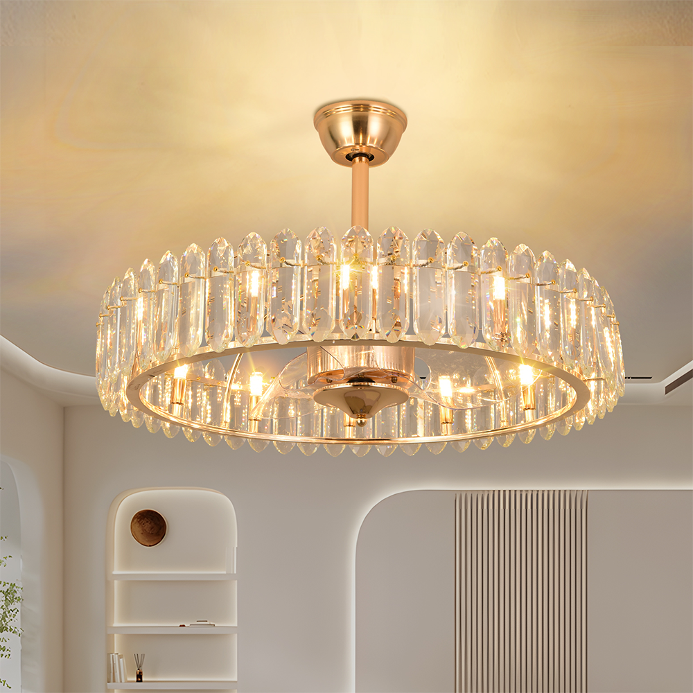 2026 New USA 18/23.6 Inch Modern Crystal Glass Chandelier Retractable LED Ceiling Fan Lamp Light Remote Control Iron