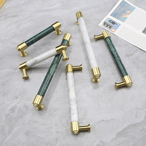 Tirador en forma de T pequeño de latón puro y mármol natural para armario, cajón, gabinete o baño de lujo nórdico europeo de alta gama - Product Image 4