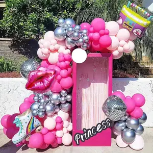 Meisjes Prinses Ballon Slinger Boog Kit 127Pcs Hete Roze Zilveren Latex Ballonnen Decoratie Met Boombox Lippen Disco Ballon